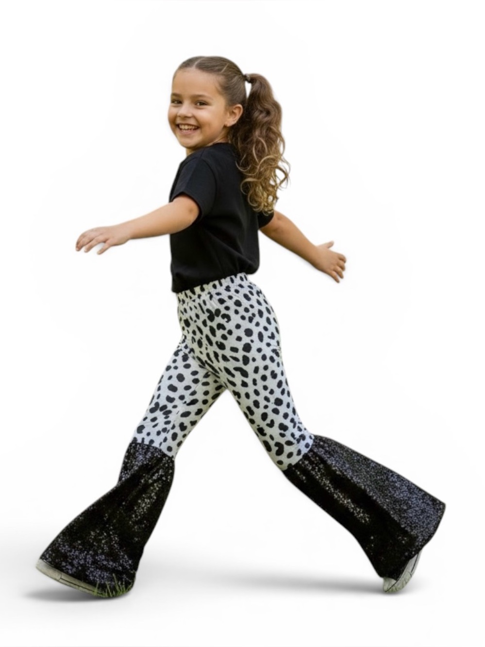 Girls' Black & White Cow Print Bell Bottom Pants with Sequin Ruffle